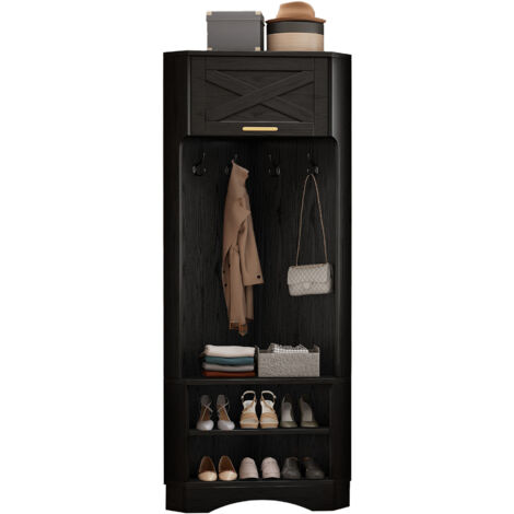 Porte-Manteau 4 Niveaux Avec Étagère Chaussures – 8 Crochets, 155x60x26 Cm, Entrée, Couloir, Chambre, Noir