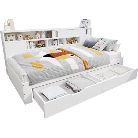 Lit multifonctionnel pour enfants 140x200, avec tiroirs,bibliothèque et armoire de rangement,blanc (1/5)