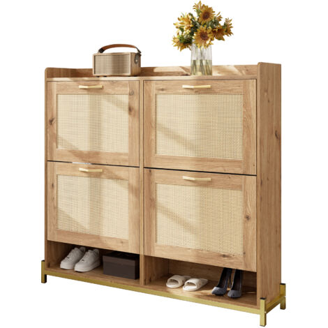 Liberté – Meuble à chaussures 108,5 x 24 x 100 cm – Rangement bois MDF avec socle métallique – 4 portes et 2 étagères pour entrée