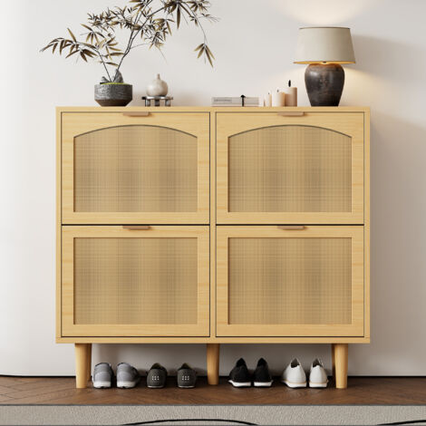 Meuble à Chaussures en Rotin avec 4 Tiroirs Ventilés - Pieds en bois massif & Design Campagnard, 100x25x90 cm (1/5)