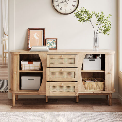 Buffet 2 Portes En Rotin Naturel – Meuble Rangement Cuisine Pratique, étagère Réglable, Anti-basculement, 80x40x81.5 Cm