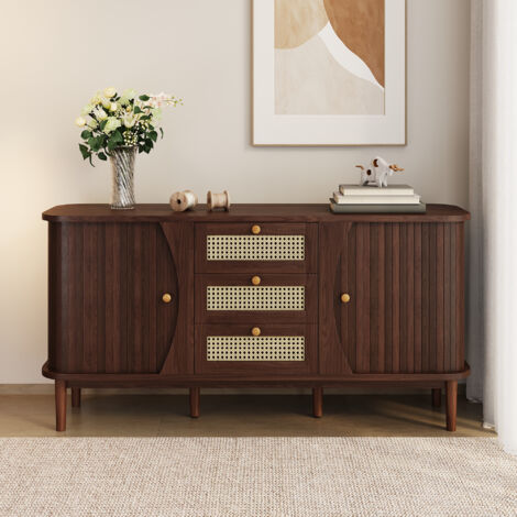 Commode en rotin 140.5x40x76cm, avec portes coulissantes, étagères réglables et trois tiroirs (1/5)