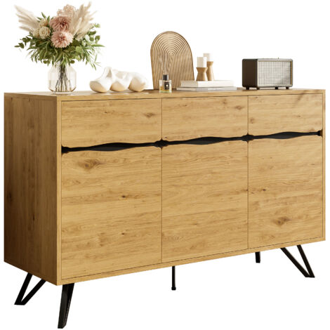 Buffet 3 portes aspect bois avec pieds métalliques – Design moderne, grand espace de rangement (1/5)