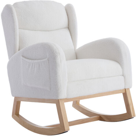 Fauteuil à bascule 122.5x70x104cm,avec structure en bois, repose-pieds réglable, poche,Blanc (1/5)