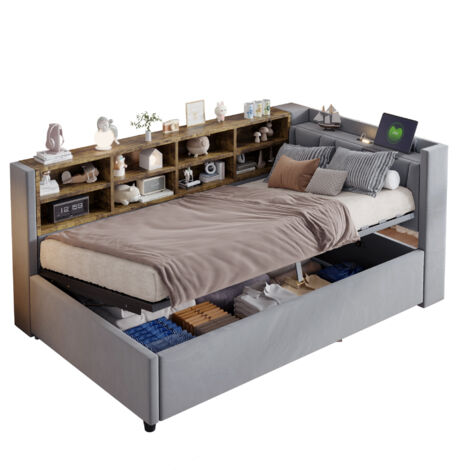 Canapé-lit rembourré 90x200 cm avec USB + Type-C, Lit simple avec veilleuse, Lit coffre, Tête de lit capitonnée, Velours, Gris (1/5)