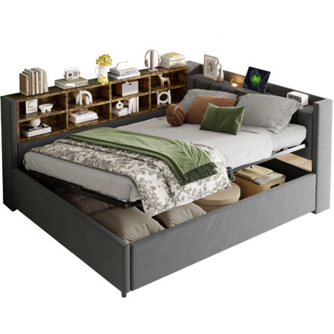 Canapé-lit rembourré 140x200 cm avec USB + Type-C, Lit simple avec veilleuse, Lit coffre, Tête de lit capitonnée, Velours, Gris (1/5)