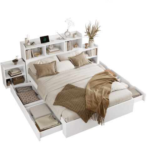 Lit double 140x200cm , avec tête de lit, avec 2 tables de chevet coulissantes, avec compartiments de rangement, avec TYPE - C et recharge sans fil, avec tiroirs, blanc (1/5)