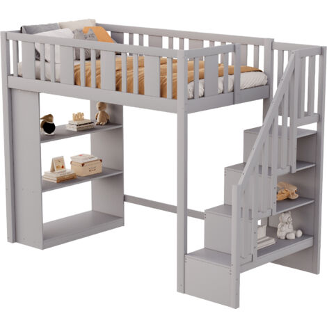 Lit mezzanine enfant 90x200 cm,lit enfant avec escalier de rangement, lit mezzanine en bois avec grands rangement,gris (1/5)