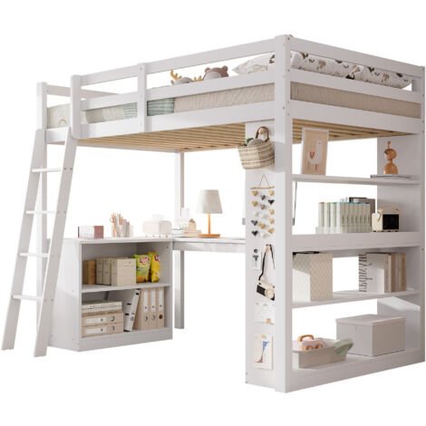 Lit mezzanine 90x200cm - avec bureau - avec étagère de rangement - avec échelle de sécurité - bois massif+MDF - Blanc (1/5)