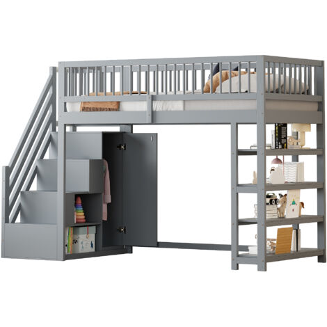 Lit mezzanine 90x200 haute avec penderie étagères et rangement avec échelle d'escalade Lit jeune en bois massif gris (1/5)