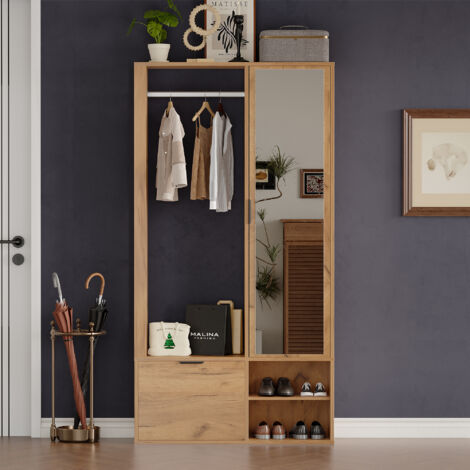 Porte-Manteau, Meuble d’Entrée,Vestiaire avec banc à chaussures, avec miroir,100x33x190cm