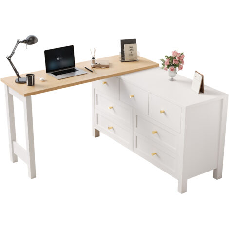 Bureau d'angle en L - Table pivotante à 360° - 7 tiroirs - Panneau de particules - 120 x 40 x 70 cm (1/5)