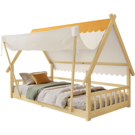 Lit d'enfant - 90 x 200 cm - Tente amovible - Bois massif - Design raffiné en bois (1/5)