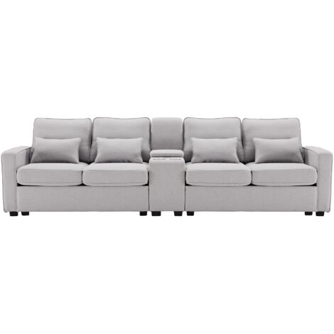 Canapé 4 places moderne en lin-290x83x88cm - avec 2 porte-gobelets, 2 ports USB, 4 coussins - Gris (1/5)