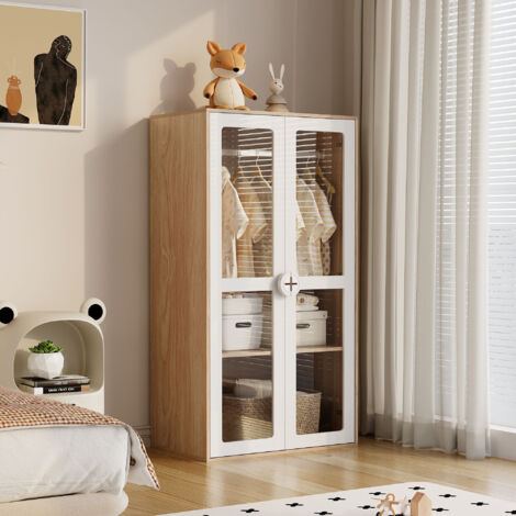 Armoire enfant,armoire à deux portes vitrées,avec tringle à vêtements et étagères coulissantes,blanc,80 × 50 × 150 cm