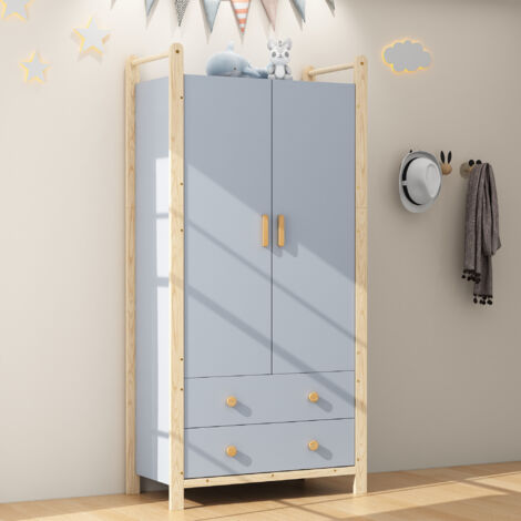 Armoire enfant 89.6x44x180.5 cm - 2 tiroirs et 2 portes - 1 tringle à vêtements - Bleu