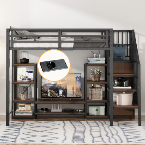 Lit mezzanine 90x200 noir avec meuble TV, prise, échelle sécurité, métal/MDF (1/5)