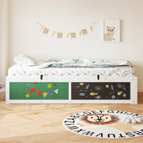 Lit coffre enfant 90x200 bois, rangement hydraulique, tableau craie & feutre, lattes,Blanc (1/5)