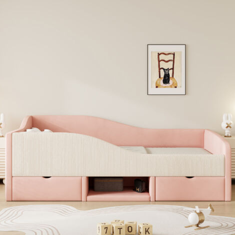 Lit simple enfant 90x190 cm, avec deux tiroirs et barrières, tissu velours doux pour la peau-rose