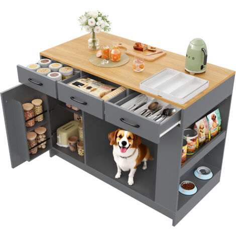 Îlot de cuisine, armoire à 3 tiroirs, 1 étagère à épices, tablette réglable, double tablette, Espace avec animaux de compagnie , 120x60x90 cm, gris (1/5)