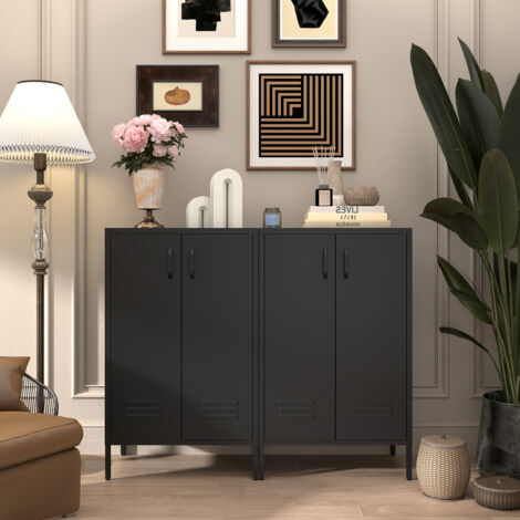 Bibliothèque armoire métal 2 portes, étagères réglables 120 lb, aération, pieds ajustables, noir (1/5)