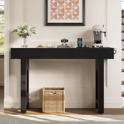 Console d’entrée 120 cm, 2 tiroirs, prises USB/Type-C, style scandinave,noir (1/5)