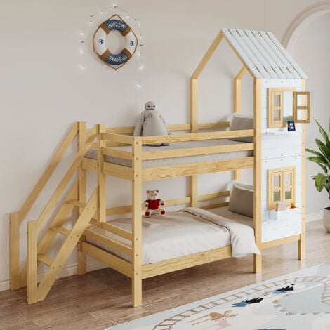 Lit cabane 200x90 cm avec protection contre les chutes Tiroirs en bois à  usages multiples pour garçons et filles Blanc Lit d'enfant