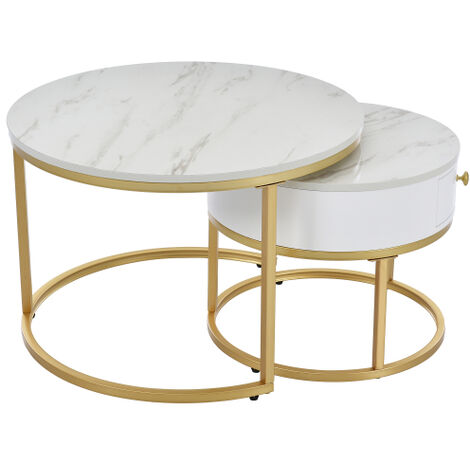 LIBERTÉ Table Basse Gigogne Moderne Motif Marbre Haute Brillance blanc, Ensemble de 2 Tables Basses Rondes Imbriquée