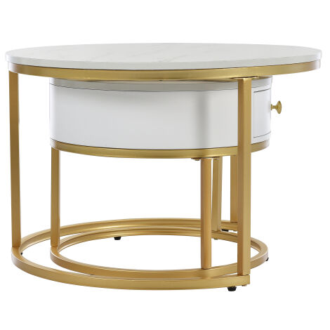 LIBERTÉ Table Basse Gigogne Moderne Motif Marbre Haute Brillance blanc, Ensemble de 2 Tables Basses Rondes Imbriquée