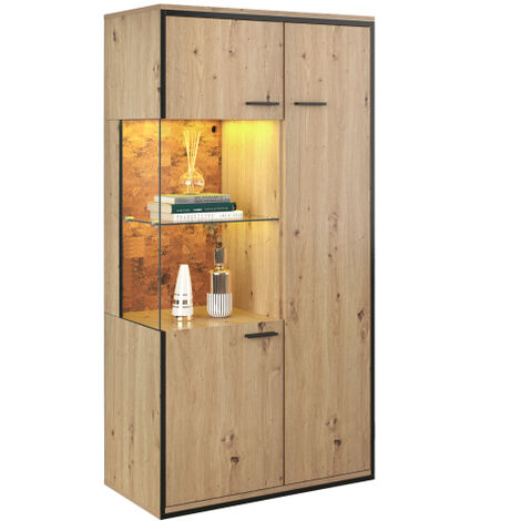 Vitrine moderne en bois avec éclairage LED - 150x78x40 - Porte vitrée, grand espace de rangement, étagère en verre