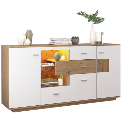 Buffet moderne avec beaucoup d'espace de rangement, éclairage LED, 160x40x77, étagère en verre, aspect bois et blanc (1/5)