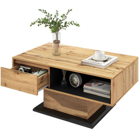 Liberté – Table basse fixe en grain de bois chêne – Tiroir sans poignée – Rangement double face – Dimensions 100x47x60 cm (1/5)
