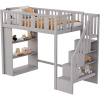 Lit mezzanine enfant 90x200 cm,lit enfant avec escalier de rangement, lit mezzanine en bois avec grands rangement,gris