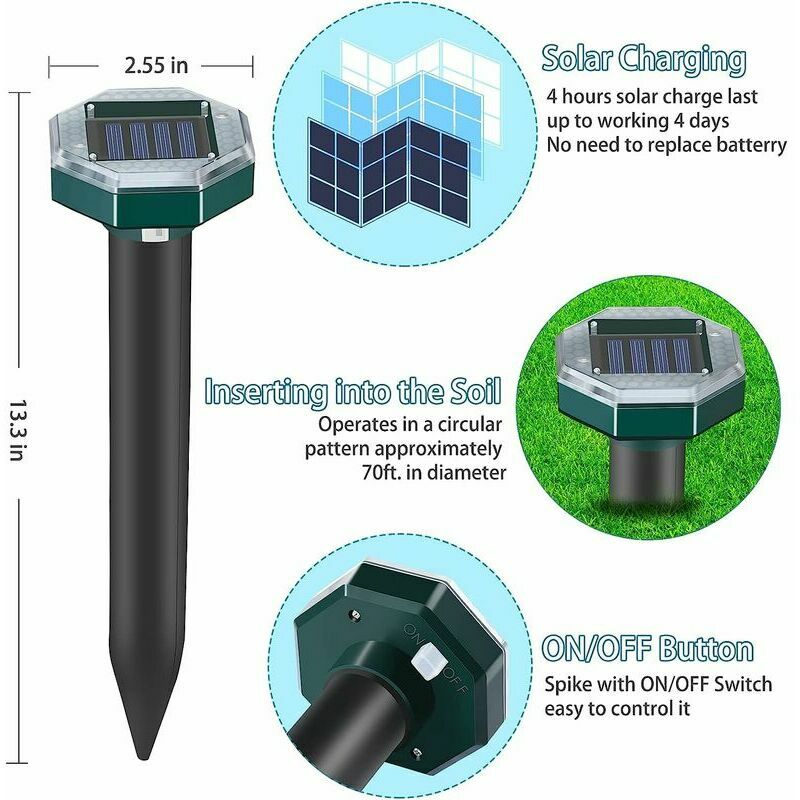 ISOTRONIC Maulwurf Vertreiber solarbetrieben, mit ON/Off – Schalter,  Ultraschall Schädlingsbekämpfung gegen Wühlmäuse