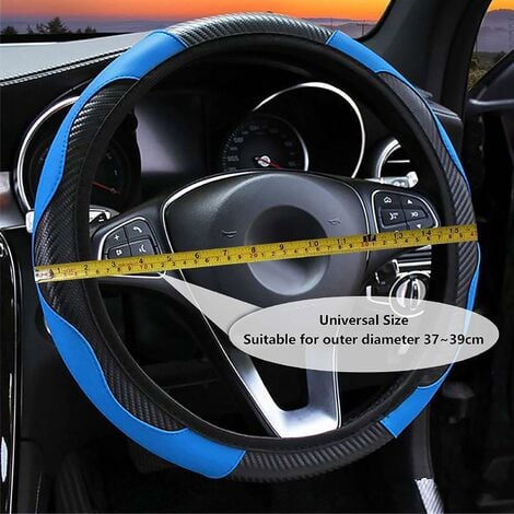 Elastischer Autolenkradbezug aus Karbonfaserleder, rutschfest,  atmungsaktiv, ohne Innenring, Universalgröße 37-39 cm (Blau)