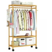Kleiderstnder auf Rollen Garderobenstnder Bambus, offener Kleiderschrank  mit Schuhablage Kleiderstange Haken, 80x35x165 cm