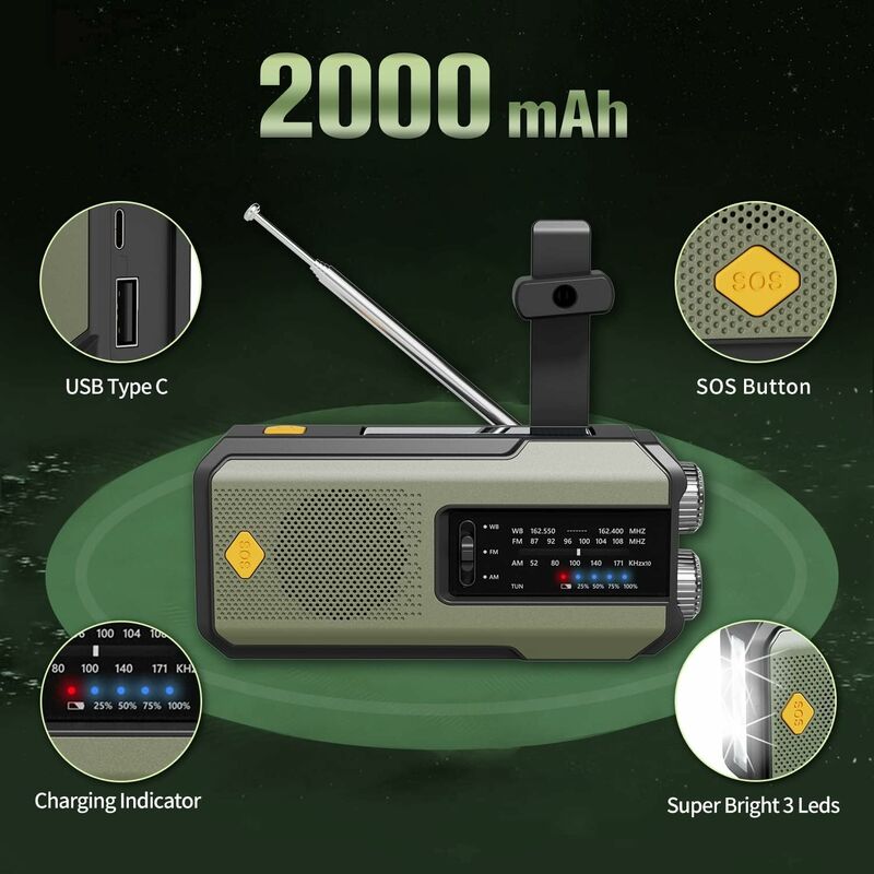 Solare Radio di Emergenza, Radio Manovella, AM/FM Radio Portatile con  Batteria Ricaricabile 2500mAh, Telefono Cellulare Ricaricabile, Torcia