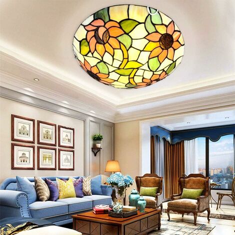 Plafoniera Vintage Stile Tiffany Plafoniera Retrò E27 Illuminazione a Soffitto Rotonda Chic Arte Floreale Paralume in
