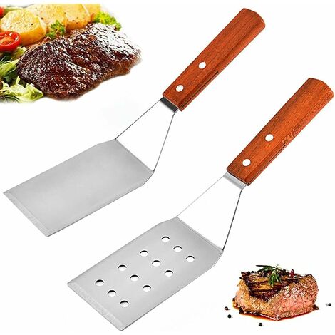 Set di spatole in acciaio inossidabile, spatola per griglia, manico in  legno Set di spatole per griglia perforata in acciaio inossidabile per  teppanyaki, griglia, bistecca, pizza (set grande da 2 pezz