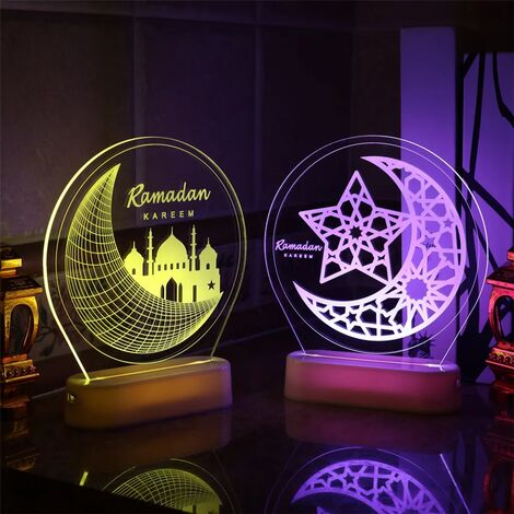2x 3D Ramadan Decorazioni Lanterna Luce 7 Cambia colore Telecomando Luce  notturna Islam Eid Mubarak Lampada