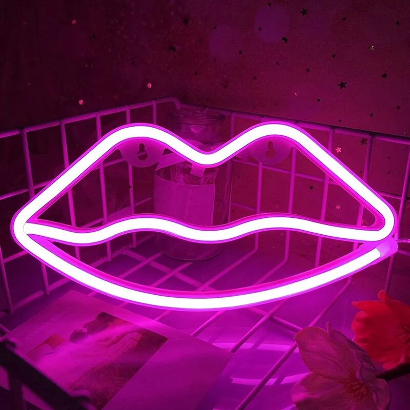 LED-Neonschild, dekorative Neon-Wandleuchten, Hintergrunddekorationslicht,  batterie- und USB-betrieben, rosa Lippen
