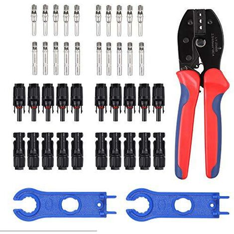 Solar Crimping Tool Set for 2.5/4/6 mm² Solar PV Cable, 5 Pairs of MC4 Connectors, 9 Pairs Male/Female Solar Plug, 1 x MC4 Crimping Pliers, 1 Pair of Wrench for Solar Plug Cable Connection