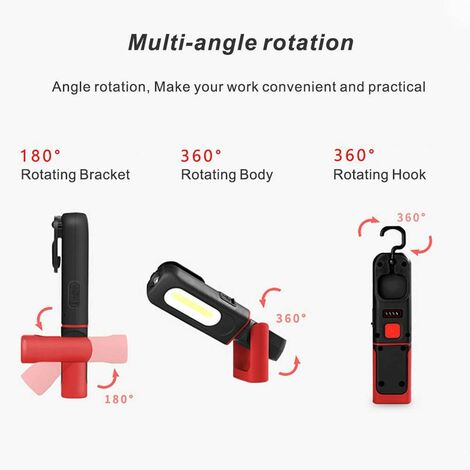 Luz de trabajo recargable, linterna de luz de inspección Led Luz mecánica  giratoria recargable 360 con base magnética y gancho para el hogar, taller,  em