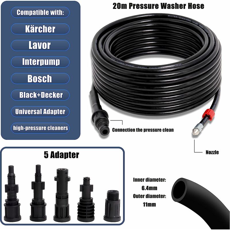 MASKO® Premium Slangset Pijpreiniger 15m, 200 bar incl. Zak 3 adapters 2 mondstukken roterend compatibel met Kärcher k2-k7 LAVOR hogedrukreiniger universele buizenreinigingsset
