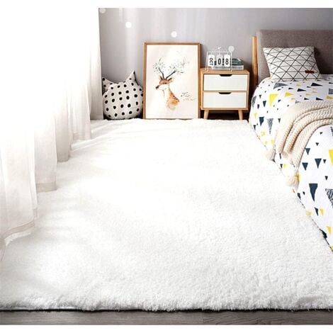 Shaggy-Wohnzimmerteppich, 160 x 230 cm, Nachttischteppich, Langflor-Teppich, Weiß-Beige, weicher Teppich für Wohnzimmer, Schlafzimmer, Sofa