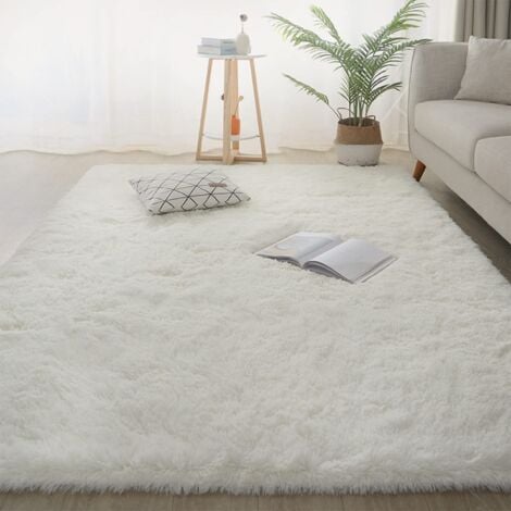 Shaggy-Wohnzimmerteppich, 160 x 230 cm, Nachttischteppich, Langflor-Teppich, Weiß-Beige, weicher Teppich für Wohnzimmer, Schlafzimmer, Sofa
