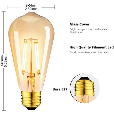 Packung mit 6 6 W Edison Vintage E27 LED-Lampen – ST64 Glühlampe 2200 K warmweiß – entspricht 48 W Glühlampe