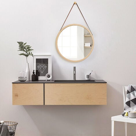 Rund Wandspiegel 45 cm Holzdekor-Spiegel mit Holzrahmen mit Haken für Badezimmer, Schlafzimmer oder Ankleidezimmer