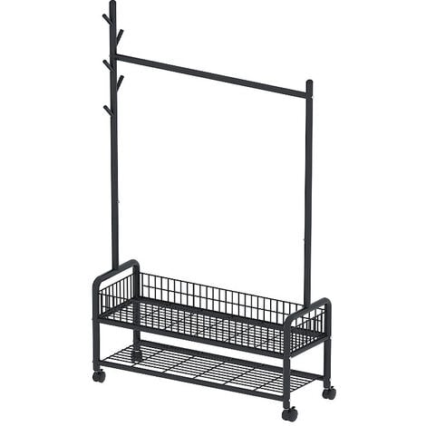 Kleiderständer, Garderobenständer, Kleiderschrank auf Rollen, 90 x 35 x 176 cm, Kleiderständer mit 2 Ablageflächen und 5 Haken