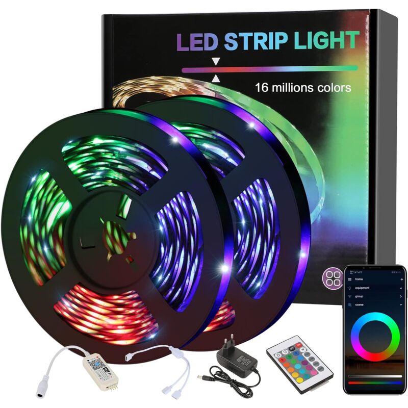 10 Flexible, LED m 12V flexible Auto-Adhäsive LED-Band, RGB Haus, Weihnachten, mehrfarbige LED-Band, WiFi Bluetooth für Dekorationsschlafzi Band Fernseher, Küche, mit 24-Keys-Fernbedienung, Multicolor